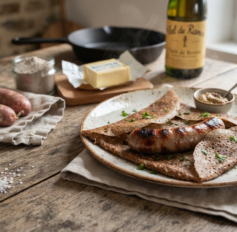 galette saucisse traditionnelle posée sur une table en bois avec des ingrédients bruts