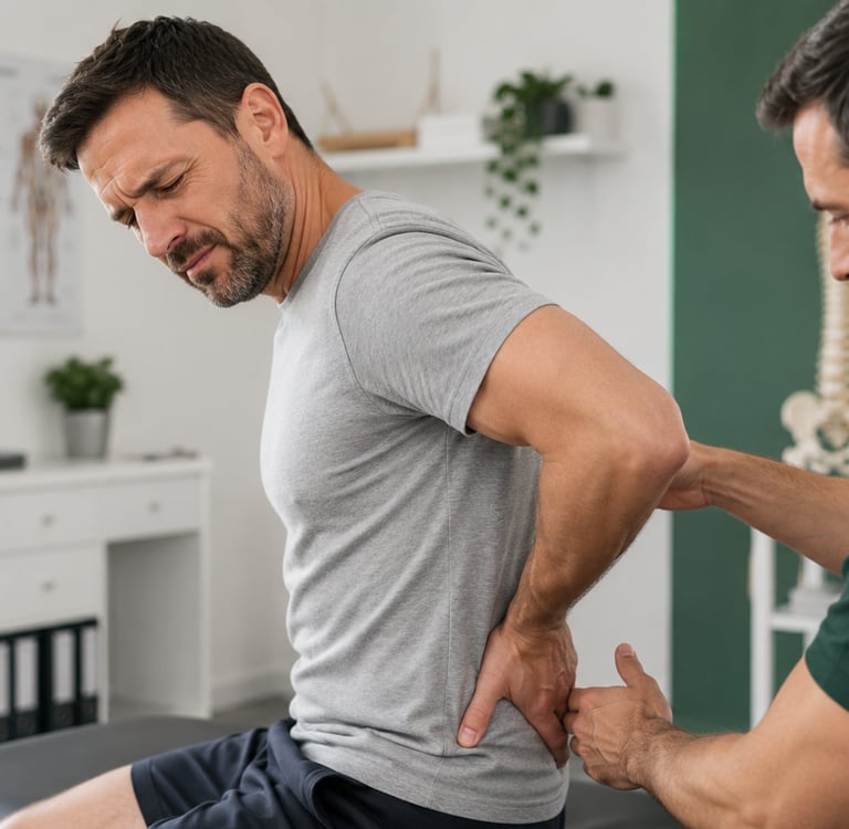 Homem com dor lombar sendo avaliado por terapeuta em consultório de massagem e quiropraxia em Lajead