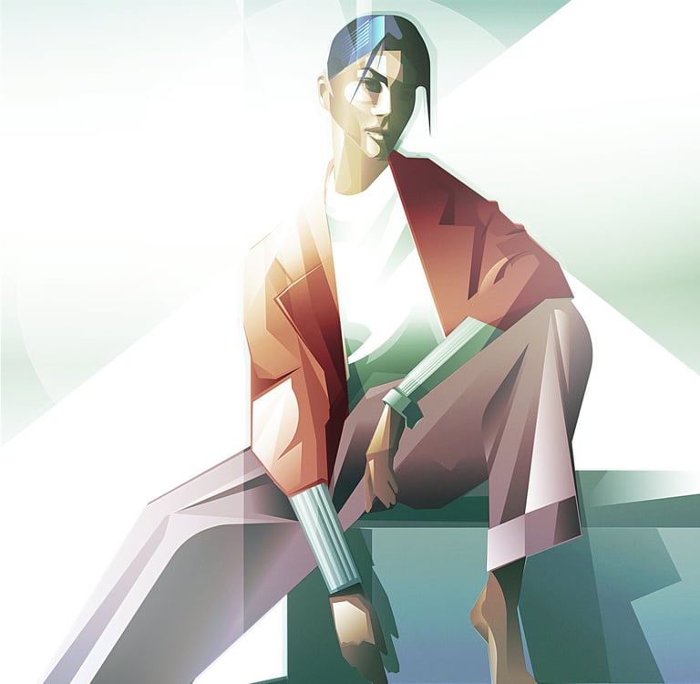 Geometric illustration of seated figure with abstract background and modern editorial style.