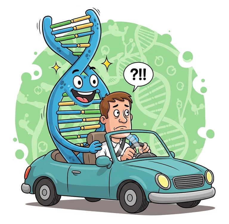 Illustration of a DNA double helix driving a car with human passengers, symbolizing genes as the 'Uber driver' of human life