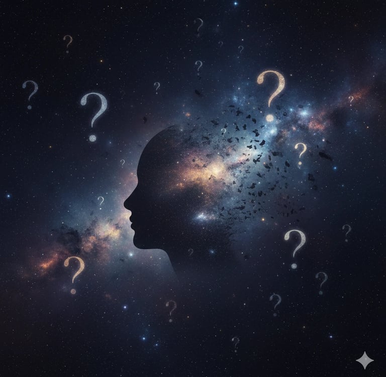 Sleep mystery: a human head silhouette merging with a cosmic background, question marks, profound enigma