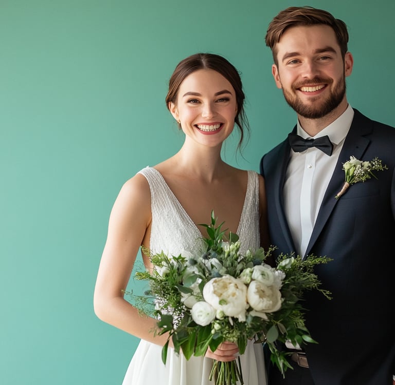 a bride and groom standing in front of a green wall