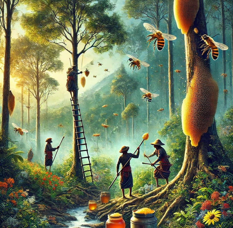 Beekeepers harvesting wild honey from giant beehives in a lush tropical forest landscape with flying bees.