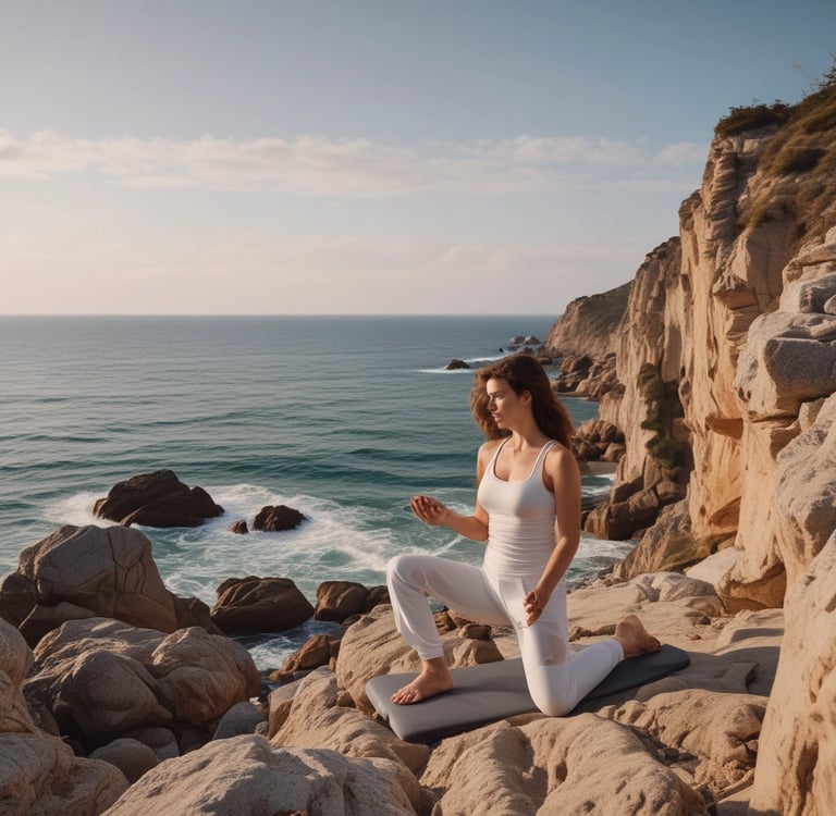 a woman in white pants and white top doing yoga  on a cliff with yoga bolster