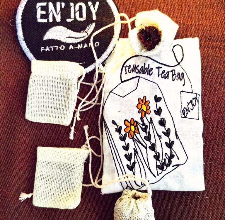 handmade cotton recyclable tea bags on a table