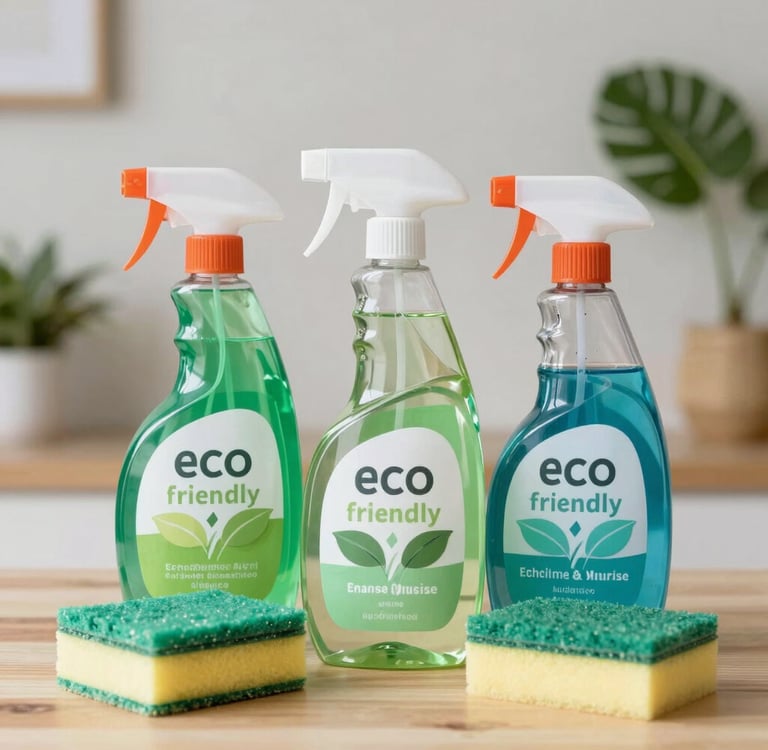 Eco-friendly cleaning products and green sponges in a home in Georgia state