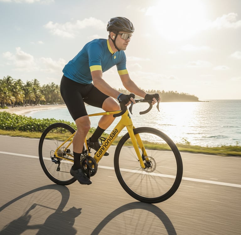 Cyclist riding a yellow Cannondale road bike on a coastal road at sunset.