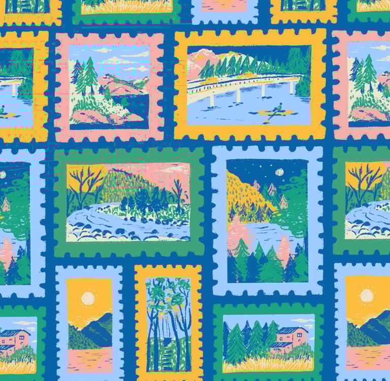 a quilter with a picture of a mountain scene