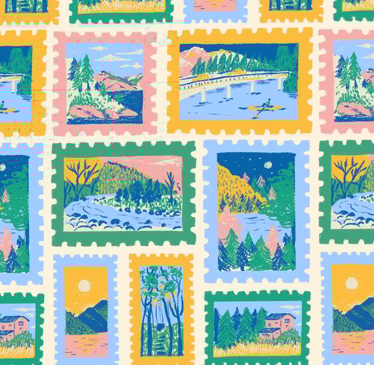 a postage stamp stamp with a picture of a mountain scene