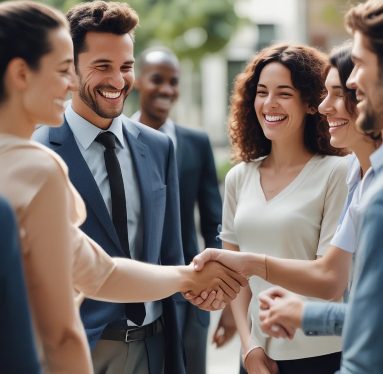 men and women smiling and talking