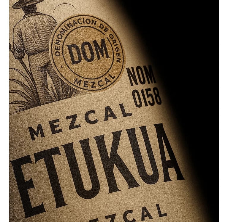 Primer plano detallado de la etiqueta de una botella de mezcal Etukua, destacando con un círculo de 