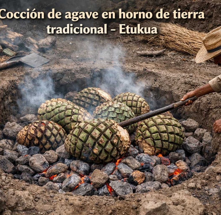  Hoyo de tierra con piedras calientes y piñas de agave siendo colocadas para su cocción lenta.