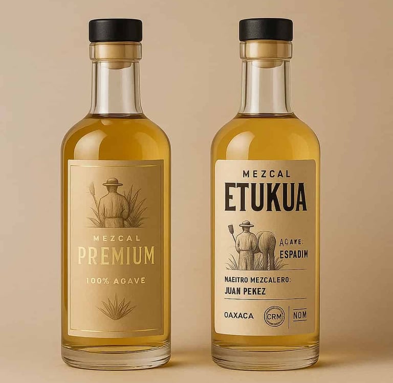 Dos botellas de mezcal side-by-side: una con empaque lujoso pero etiqueta vaga, otra con diseño simp