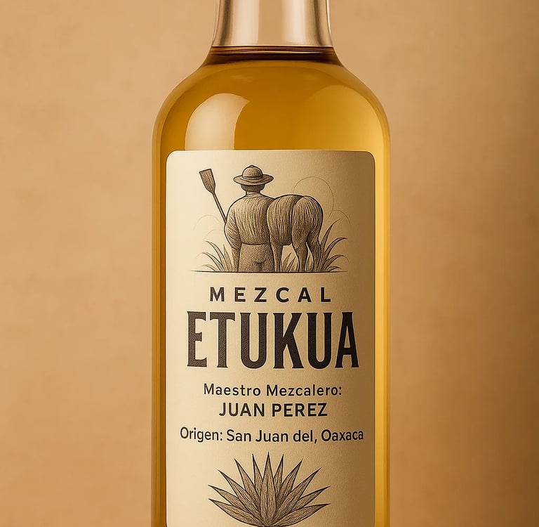 Close-up de la etiqueta de una botella de Etukua donde se lee claramente el nombre del maestro mezca