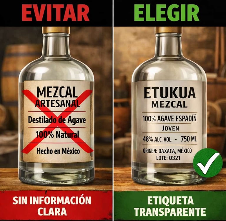 Diseño comparativo: Lado izquierdo muestra una etiqueta de mezcal confusa con una "X" roja. Lado der
