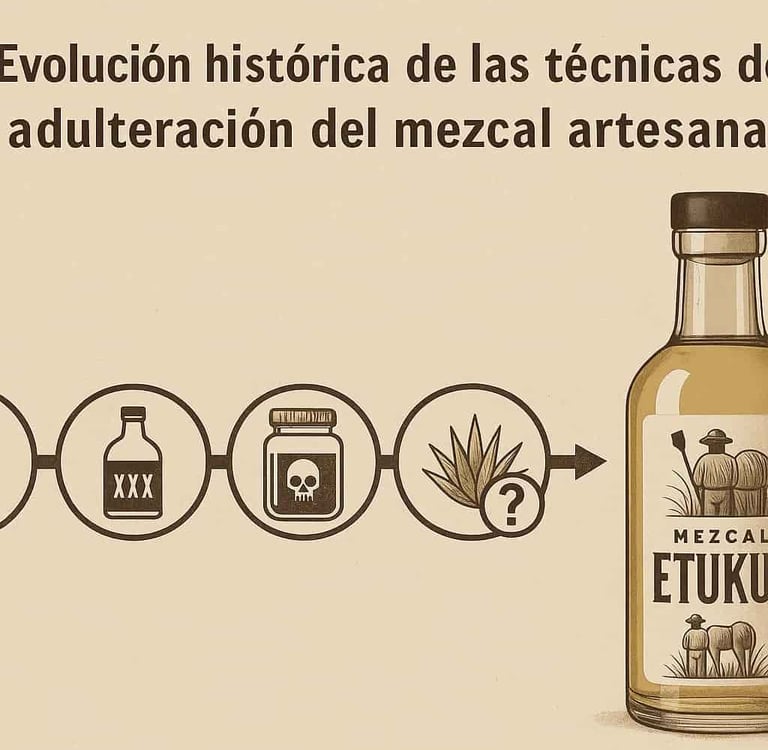 Línea de tiempo visual que muestra la evolución de las técnicas de adulteración del mezcal, desde mé