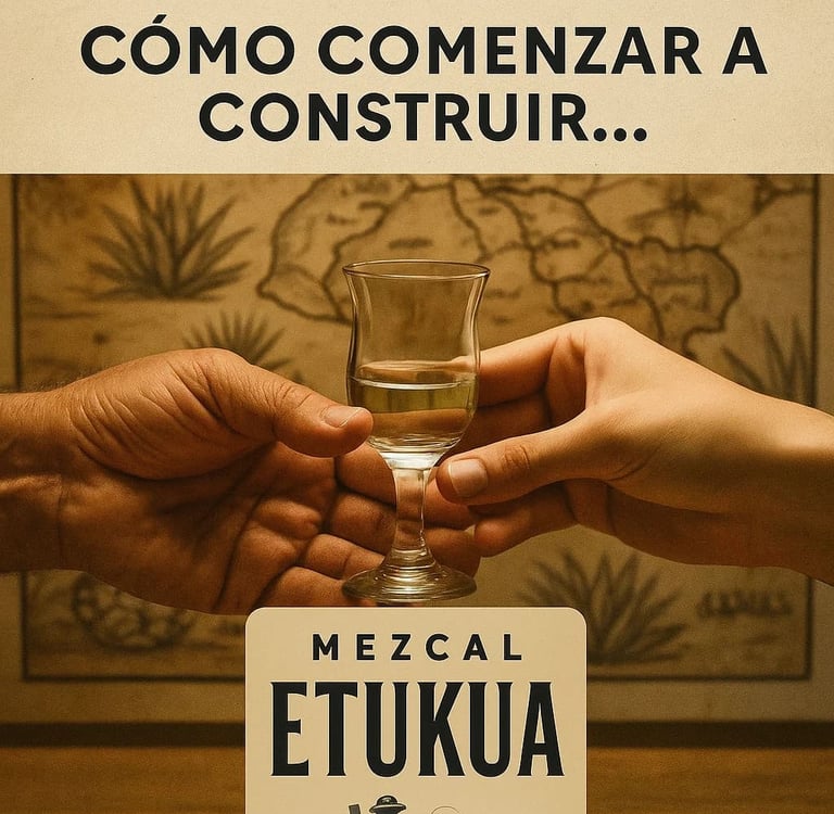 Manos de un experto y un novio intercambiando una copa con mezcal Etukua, sobre un mapa de regiones 