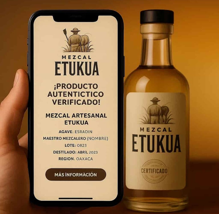 Primer plano de pantalla de smartphone mostrando detalles de verificación de mezcal artesanal Etukua