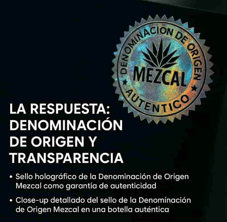 Close-up detallado del sello de la Denominación de Origen Mezcal en una botella auténtica.