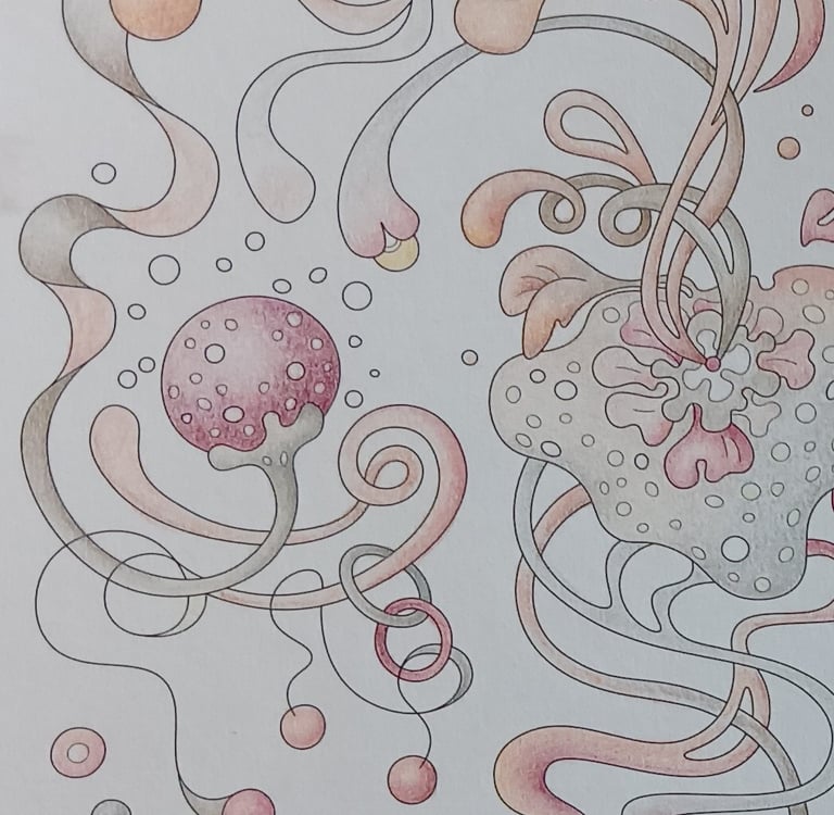 In-progress biophilic detail from Intuitive Dialogues in grey earthy hues.