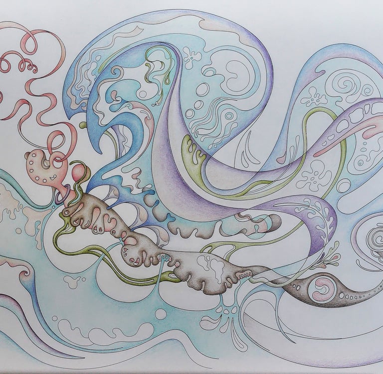 In-progress surreal creature detail from Intuitive Dialogues in blue tones.