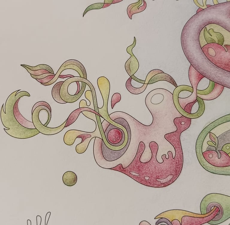 In-progress botanical detail from Intuitive Dialogues in green and red tones.