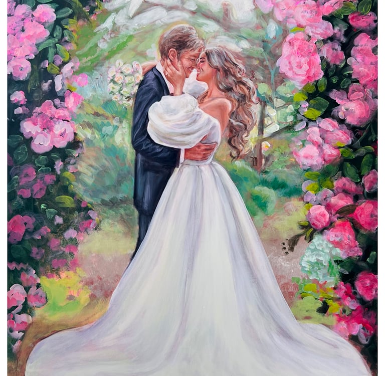 LIve wedding painting of a happy couple about to kiss 