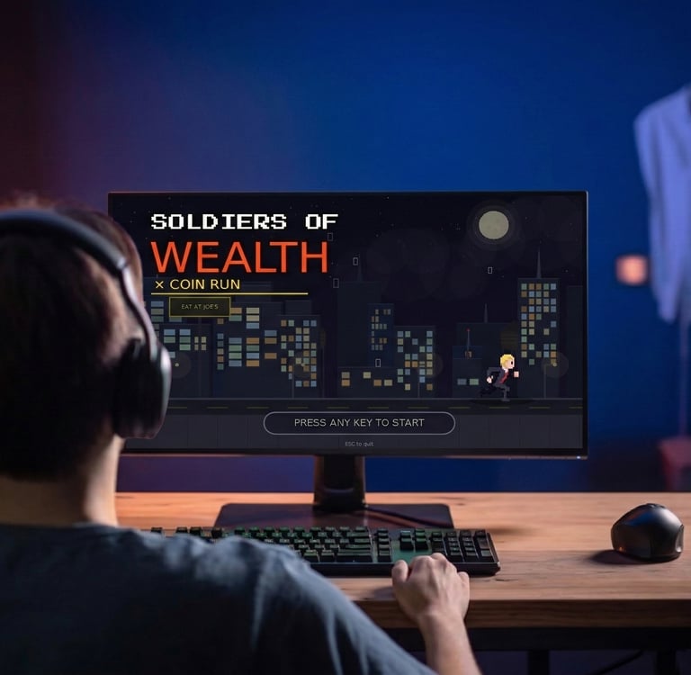 Gamer wearing headphones playing the indie video game Soldiers of Wealth on a desktop monitor in a dark room.
