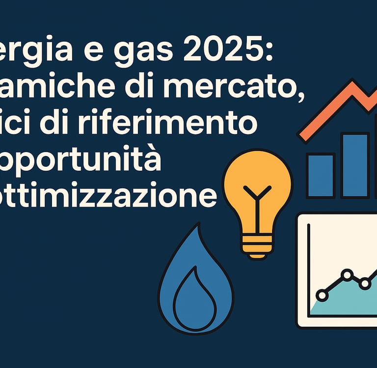 Grafica flat blu con testo e icone di lampadina, goccia gas e grafici.