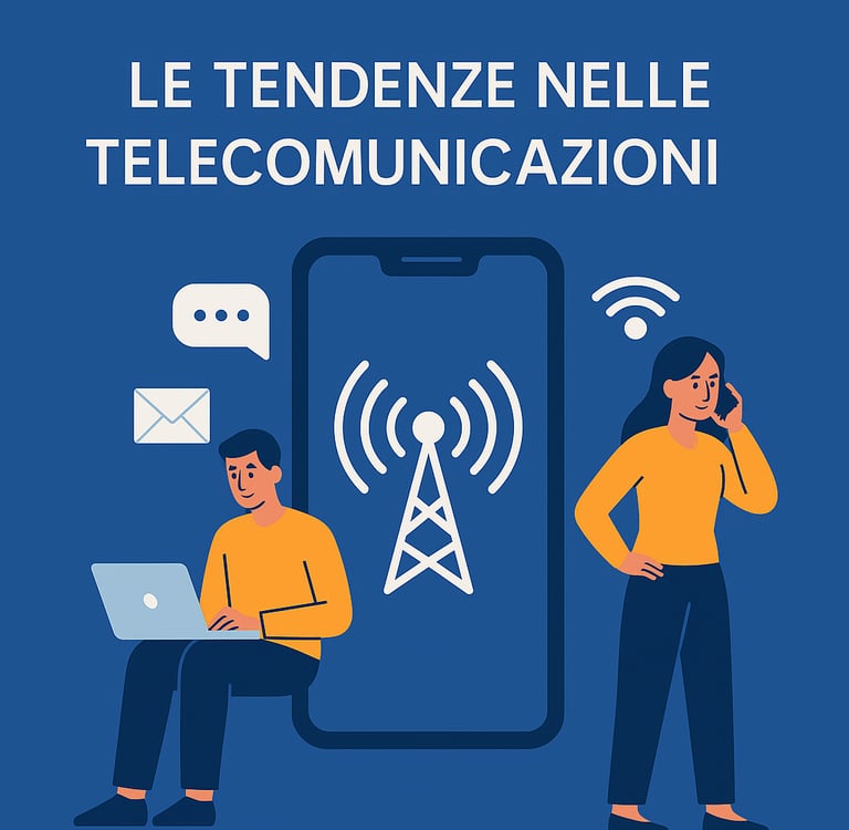 Grafica flat blu con persone, smartphone e icona antenna.