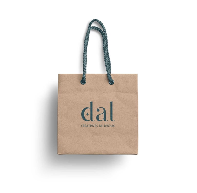 Identité visuelle DAL Créations, application packaging, sac kraft