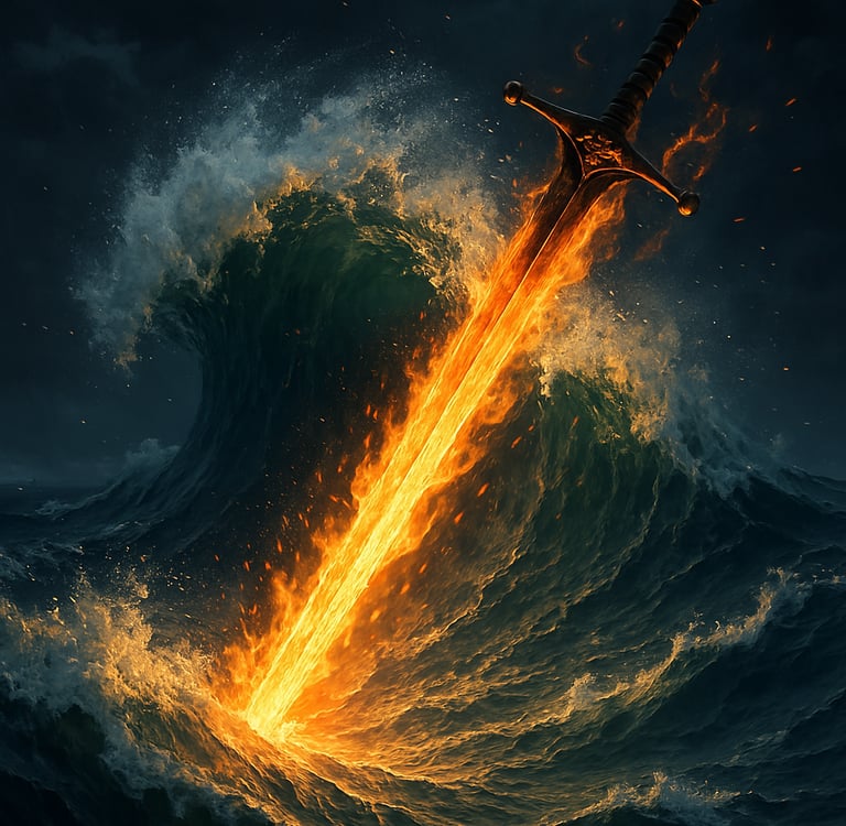 Flaming sword slicing through a stormy ocean wave at night, symbolizing spiritual weaponry.