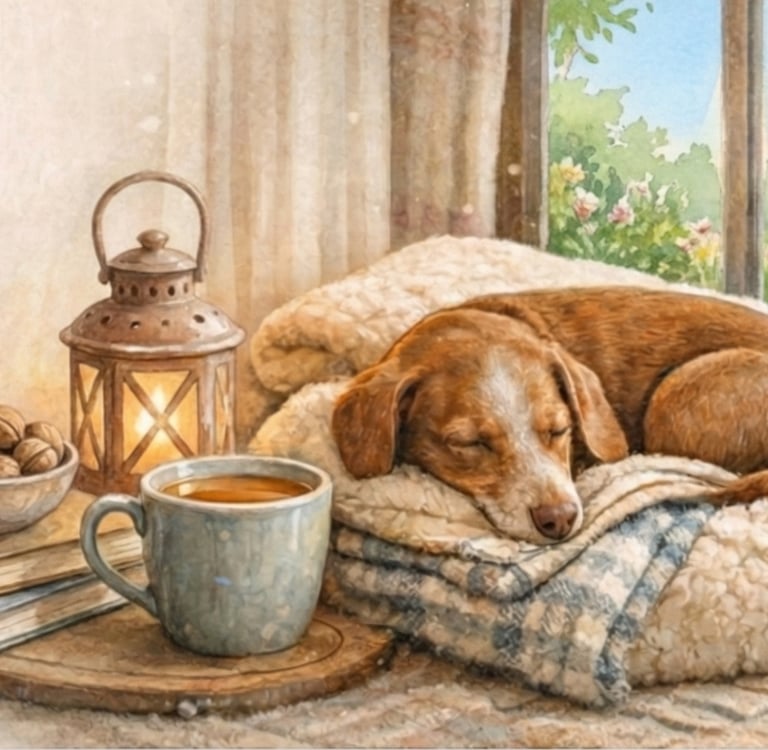 Cozy handmade home décor scene with sleeping dachshund, books, and warm drink