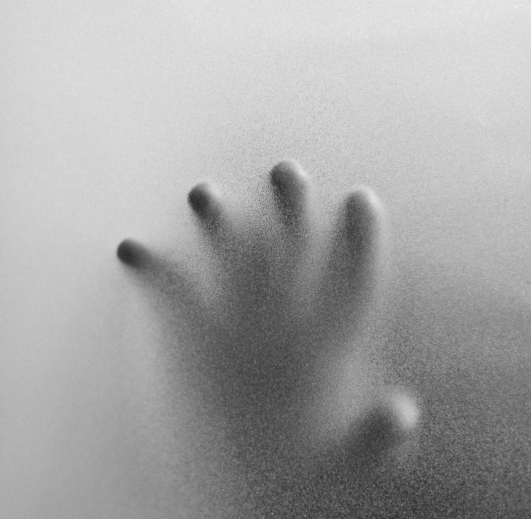 Silhouette of a hand pressed against frosted glass in a black and white artistic photography style.