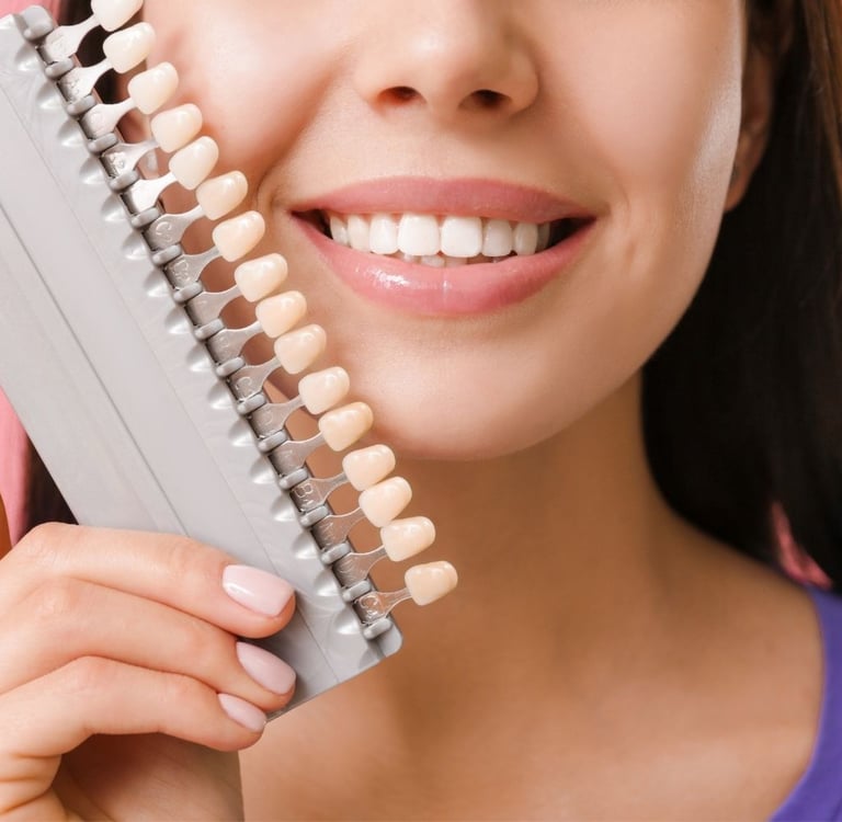 A smiling woman holding a tooth shade comparison model next to her mouth.