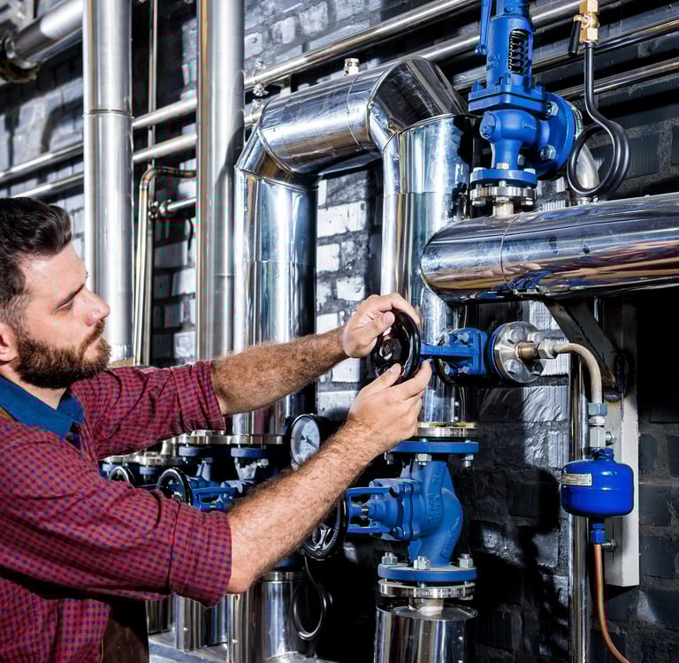 Técnico de mantenimiento con barba ajustando una válvula en tuberías industriales de acero