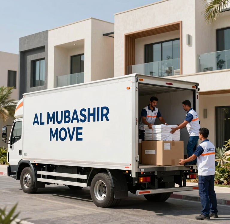 A team of professional movers wearing neat blue uniforms carefully loading organized cardboard boxes into a clean moving truck on a sunny street in Middle Eastern / Gulf (Abu Dhabi, UAE). Modern urban architecture and bright daytime lighting.