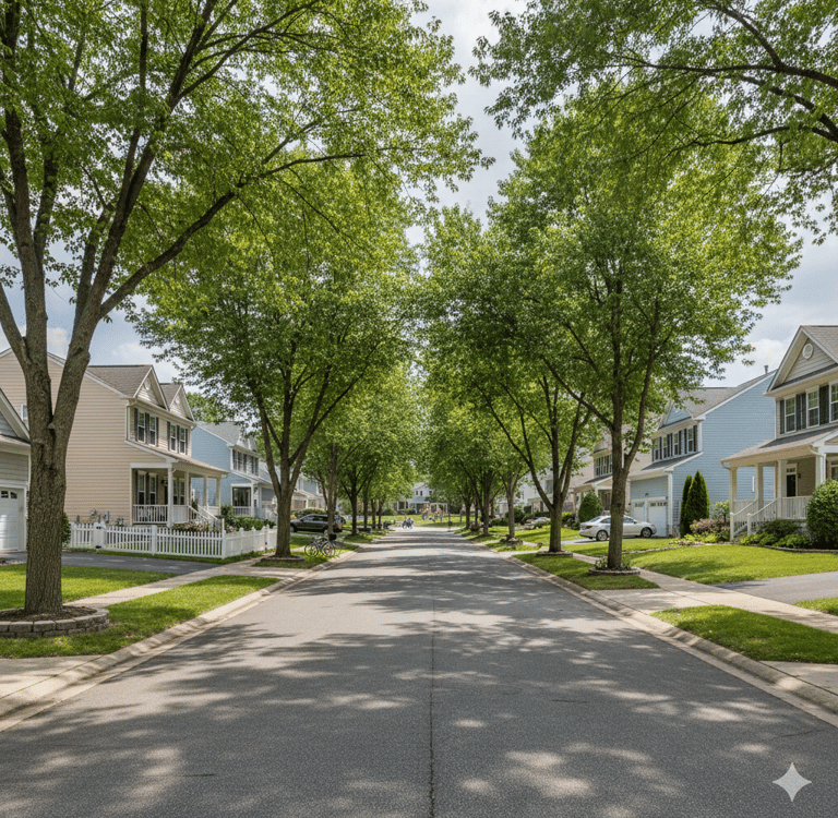 Tree-lined suburban street with modern family homes, green lawns in Chanhassen, MN