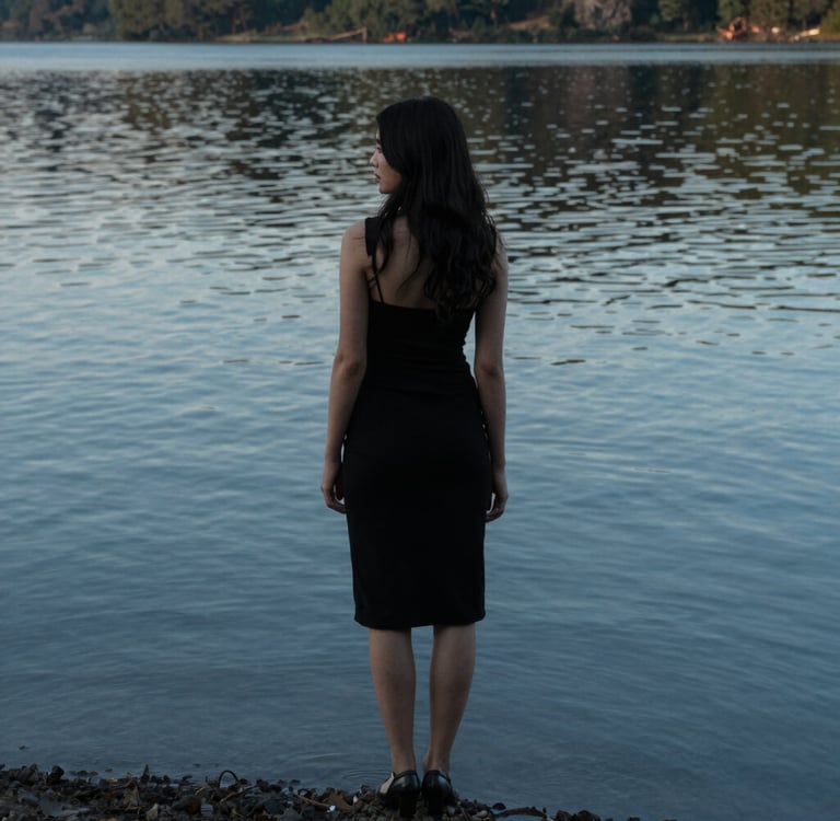 A woman in a black dress stands on a rocky shore looking out at a calm lake at dusk.