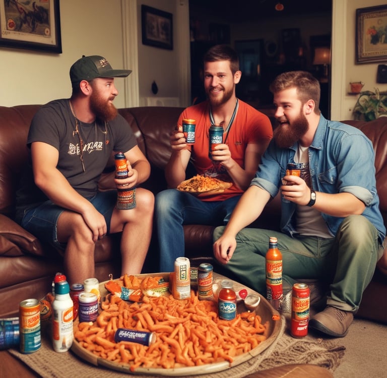 Three men enjoying snacks and canned drinks during a casual social gathering at home.