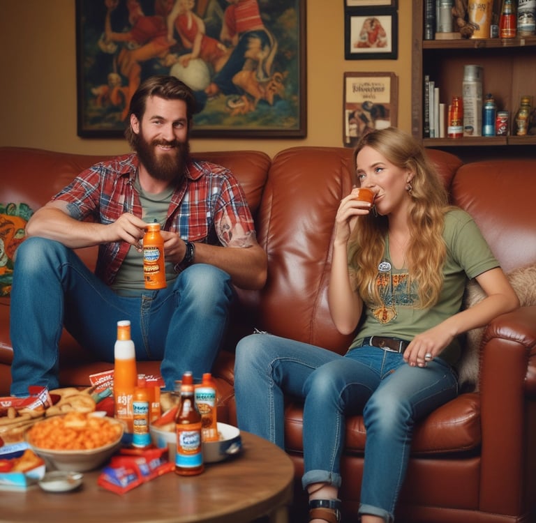 A smiling couple sits on a leather sofa enjoying orange soda and snacks in a cozy living room.