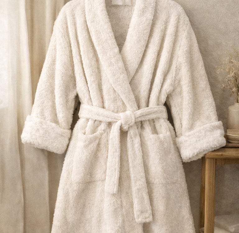 Soft white fleece bathrobe hanging on a wooden hanger against a neutral wall for a spa-like feel.