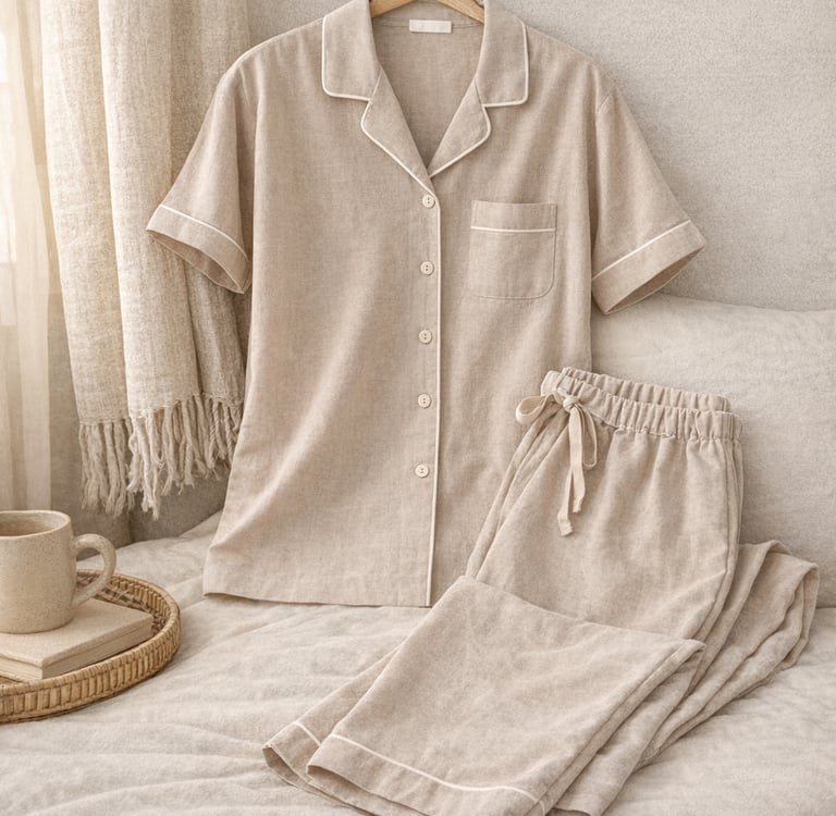 Beige linen pajama set with short-sleeve button-down shirt and long pants on a cozy bed.