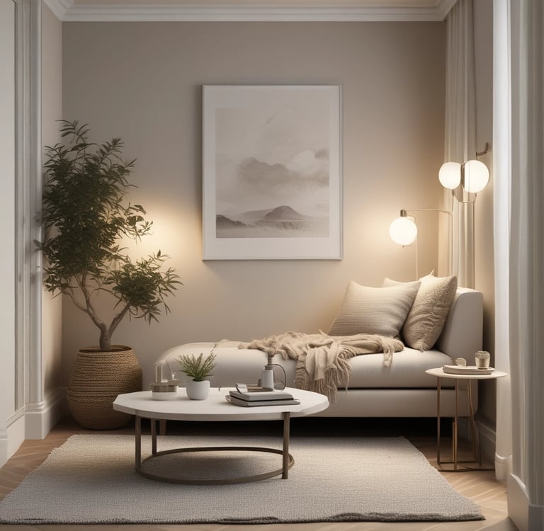 Modern minimalist living room featuring a beige chaise lounge, marble coffee table, and warm lighting.