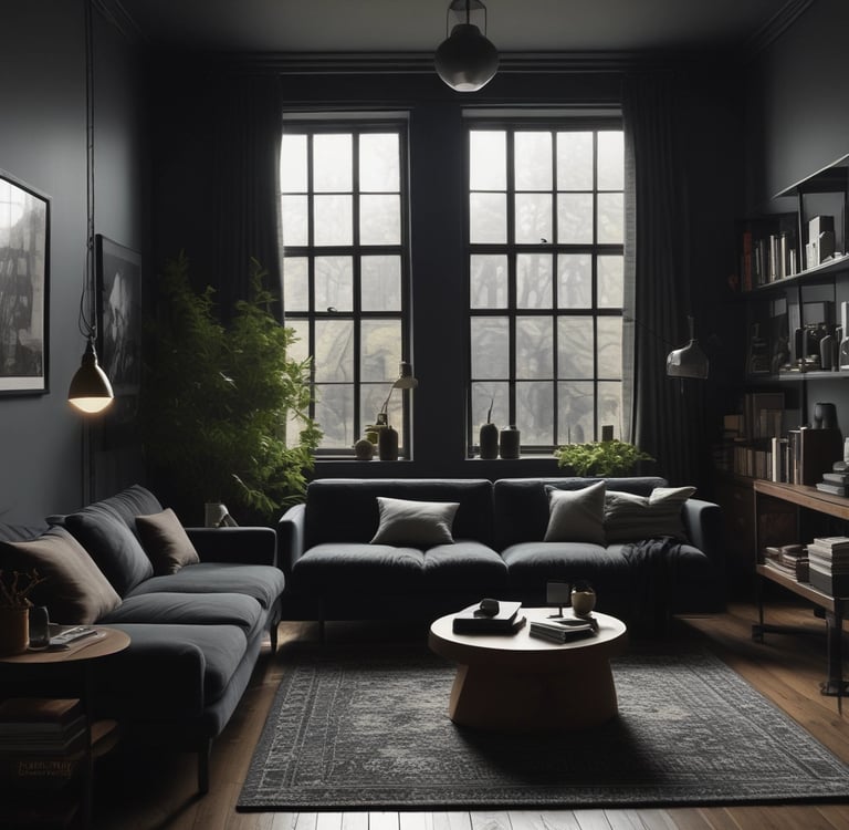 Modern dark living room interior with grey sofas, large industrial windows, and minimalist decor.