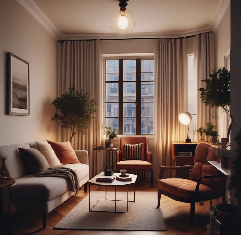 Cozy modern living room interior with warm lighting, mid-century furniture, and indoor plants.