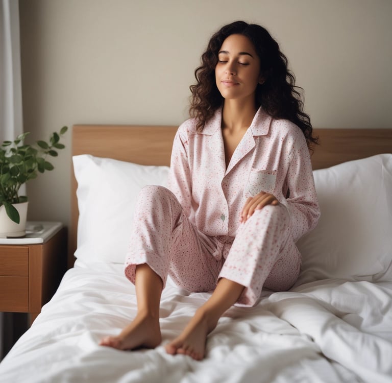 A woman in pink patterned pajamas sits on a white bed, enjoying a restful morning at home.