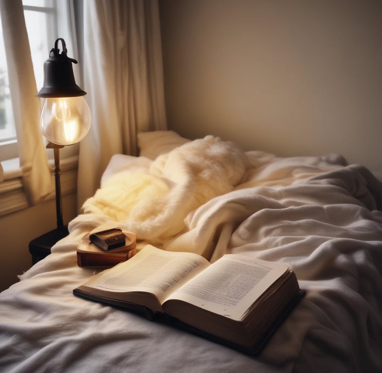An open book on a cozy bed with white blankets and a warm vintage bedside lamp glowing.