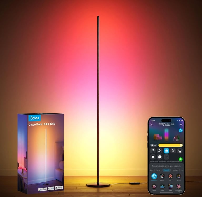 Govee smart floor lamp with RGBIC lighting, app control, and packaging box.