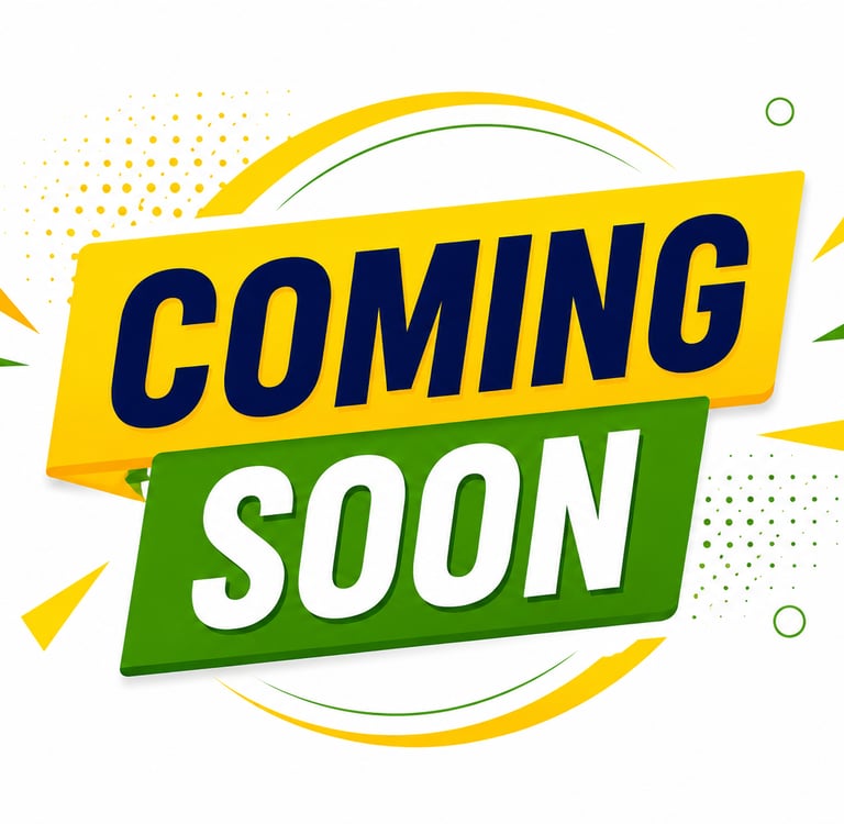 Vibrant coming soon announcement banner with bold yellow and green typography for product launches.